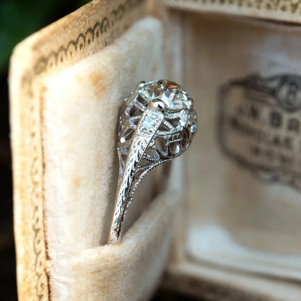 Art Deco Vintage Style Round Lab Created Diamond Wedding Ring 14K White Gold FN