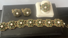 Lovely Vintage Goldette Faux Jade & Pearl Bracelet Earrings Ring Set