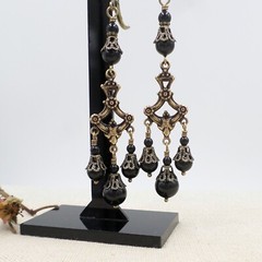 Victorian Mourning Earrings Jet Black Glass Bead Chandelier Filigree Handmade