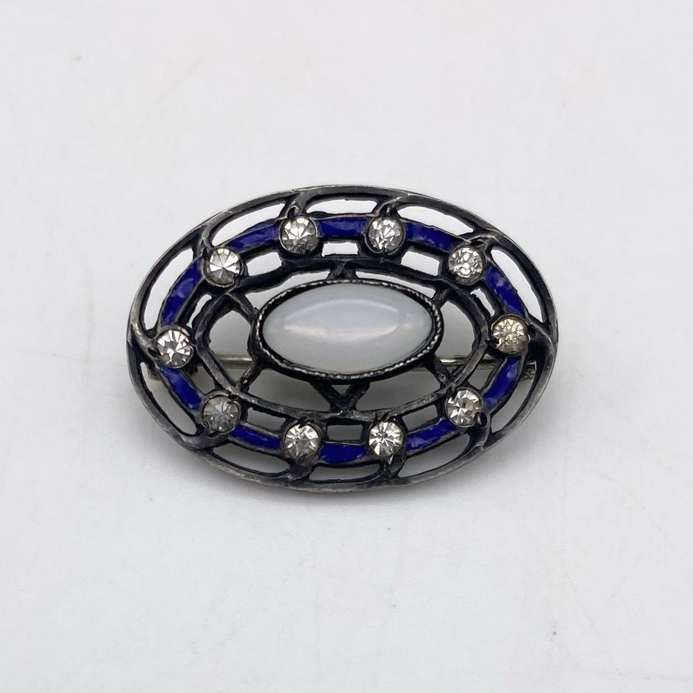 Vintage Art Deco Brooch Sterling Silver Metalwork Opalite Glass Cabochon Enamel