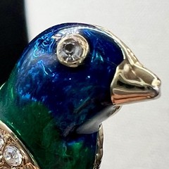 Vintage Blue Green Enamel Bird Brooch Gold Tone Perched Figural Pin Rhinestone