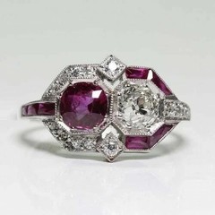 Art Deco Style Lab Created Diamond & Red Ruby Wedding 14k White Gold Finish Ring