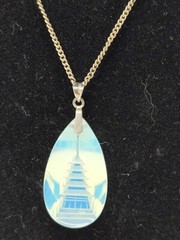 Japan Blue Intaglio Pagoda Opaline Glass Sterling Silver Pendant+Screw Earrings