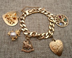 MONET Charm Bracelet & 5 Charms Birthday GF St Louis Family Tree Cupid Elf N30