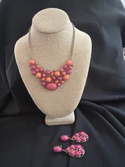 Vtg Statement Jewelry Set Pink Orange Cabochon Bib Necklace & Clip-on Earrings