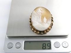 Antique Unmarked Goldtone Metal Carved Shell Cameo Landscape Scene Pin AS IS