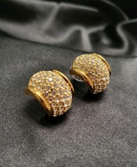 Vintage Signed Swarovski Gold Tone Pave Crystal Dome Barrel Stud Earrings