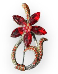 Vintage Red Garnet Brooch Flower Floral Silver Tone Bouquet Pin Leaves 2 in