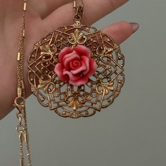 Vintage 925 Italy Sterling Silver Gold Vermeil Pink Rose Filigree Necklace