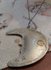 Crescent Moon w face, Unique Pendant, hand tooled, Whimsigoth Celestial Jewelry