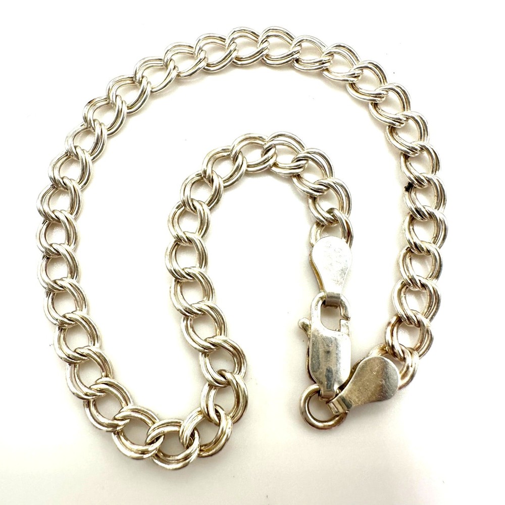 Italy 925 sterling silver double curb link chain starter charm bracelet 7.13″