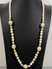 Vintage Peach Green Rose Flower Faux Pearl Beaded Necklace 30 in