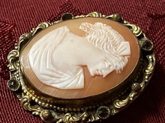 2 Antique Shell Cameo Brooches Pins One Is Ornate & Bejeweled