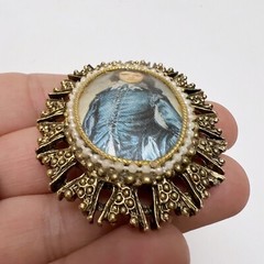 Vintage Victorian Revival Portrait of Boy Faux Pearl Fabric Oval Ornate Pendant