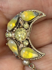 Vintage Sweater Guard Clip Crescent Moon Yellow Glass Teardrop Cabochons