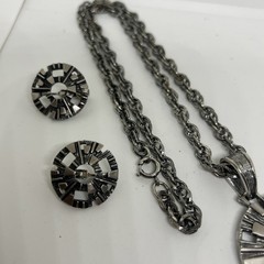 Vtg Sarah Coventry Pewter-Tone Mid-Century Modernist Style 22” Necklace Earring