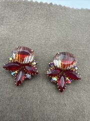 Vintage Red Rhinestone Clip On Earrings Gold Tone Iridescent