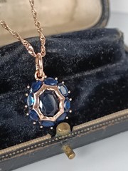 Vintage 1990-s 14 CT Rolled Gold Sapphire Pendant on Chain-Hallmarked 585 RG