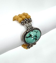 Vintage Turquoise Yellow Jasper And Sterling Silver Statement Bracelet