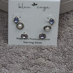 3 Pairs New Stud Gemstone Earrings Sterling Silver