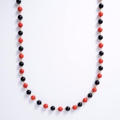 Antique 1920s Art Deco Coral and Onyx Beads Necklace and Bracelet Set