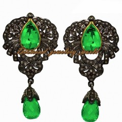 Gorgeous 2.05ctw Rose Cut Diamond Emerald Studded Silver Vintage Earring Jewelry