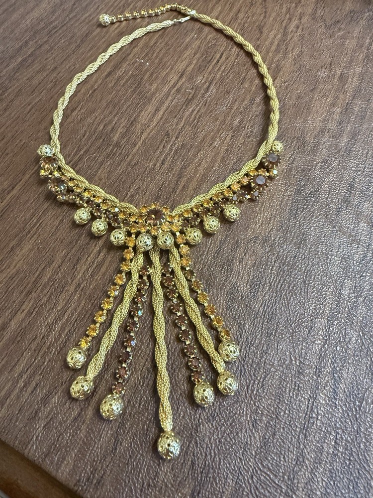 Vintage Choker By St Labre Runway Look! Gold Beads Amber Rhinestones Stunning