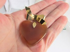 Vintage Carnelian Heart Dangling Bow Pin Gold Plate Translucent Stone