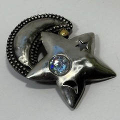Vintage J.J Jonette Pewter Star Crescent Moon Pin Crystals Pierced Celestial 2″