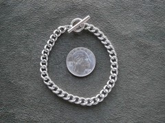 SU Curb Chain Link Vintage Shiny Silvertone Toggle T-Bar Bracelet 7.25″ ~ 14.8g