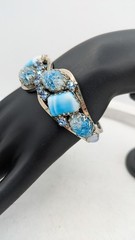 Vintage Rhinestone Clamper Bracelet Crackle Cabochon Blue Glass