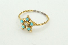 ANTIQUE ENGLISH REGENCY PERIOD 15K GOLD TURQUOISE PEARL STAR RING c1830