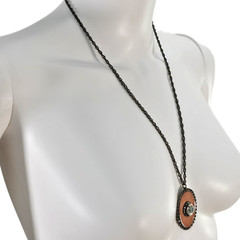 Liz Palacitos Enamel Stone Necklace Pendant Rhinestone Metal Bronze Pink 26″L