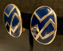 Memphis Style Geometric Earrings 1980s Navy Blue Gold Tone Clip-On Vintage Retro