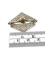 Antique Art Nouveau Brass Red Crystal Flower Openwork Brooch Pin