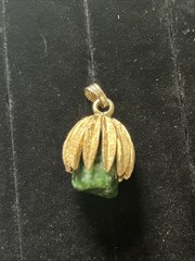 1950s Faux Green Jade Stone & Gold Toned Pendant