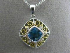 ESTATE 1.14CT DIAMOND & BLUE TOPAZ 14KT 2 TONE GOLD OPEN SQUARE FLOATING PENDANT