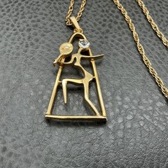 Vintage Medici Necklace Modernist Woman Figure Gold Tone Pendant Rhinestone