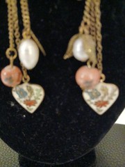 1970’s WHITE. Cloisonne, PINK Lamp Work Glass, WHIte N BAROQUE Pearl Earrings