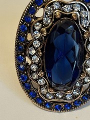Stunning Vntg Large Gold Tone Blue & Clear Rhinestones Chunky Statement Ring 7