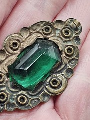 Antique Bohemian Edwardian Art Nouveau Brooch Green Glass Bronze Prong Set Pin