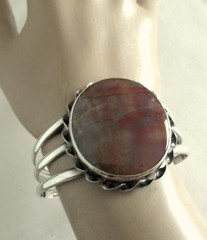 UNISEX HEAVY WIDE NAVAJO STERLING CUFF BRACELET w PETRIFIED WOOD, 51GR, 7 INCHES