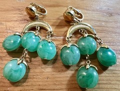 Vintage Crown Trifari Waterfall Faux Jade Lucite Gold Tone Dangle Clip Earrings