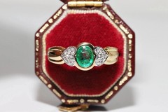 Art Deco Style 2Ct Lab Created Diamond & Emerald Engagement 14K Gold Finish Ring