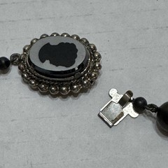 Vtg 23” Glass Faux Pearl Necklace Carved Cameo Clasp Charcoal Grey Black Grandma