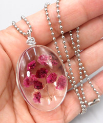 Victorian Revival Oval Pendant Necklace Dried Flowers Glass Granny Cottage Vtg