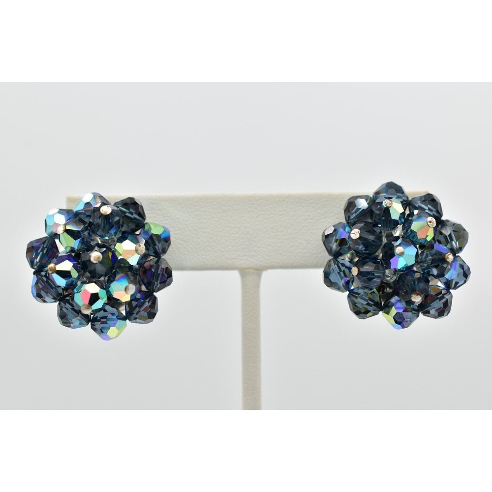 Vintage Crystal Clip On Earrings Deep Navy Blue AB Cluster Glamour 1950s A24