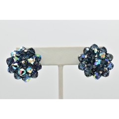 Vintage Crystal Clip On Earrings Deep Navy Blue AB Cluster Glamour 1950s A24