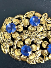 Vintage CZECH ART DECO Pin Pronged Blue Stones Gold Tone Filigree Design