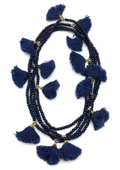 India Handmade Navy Glass Bead Cotton Thread Tassle GoldTone Spacer 80″ Necklace